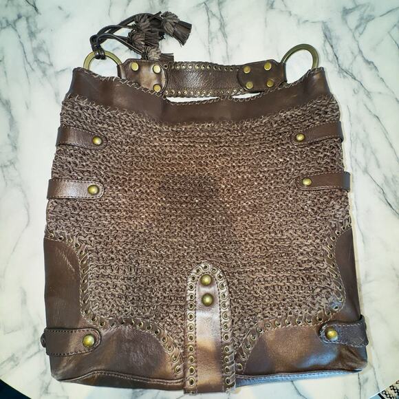 Y2K Isabella Fiore Carina Hobo Dark Brown Knitted Real Leather 16'hx14L Boho Bag - Picture 6 of 14
